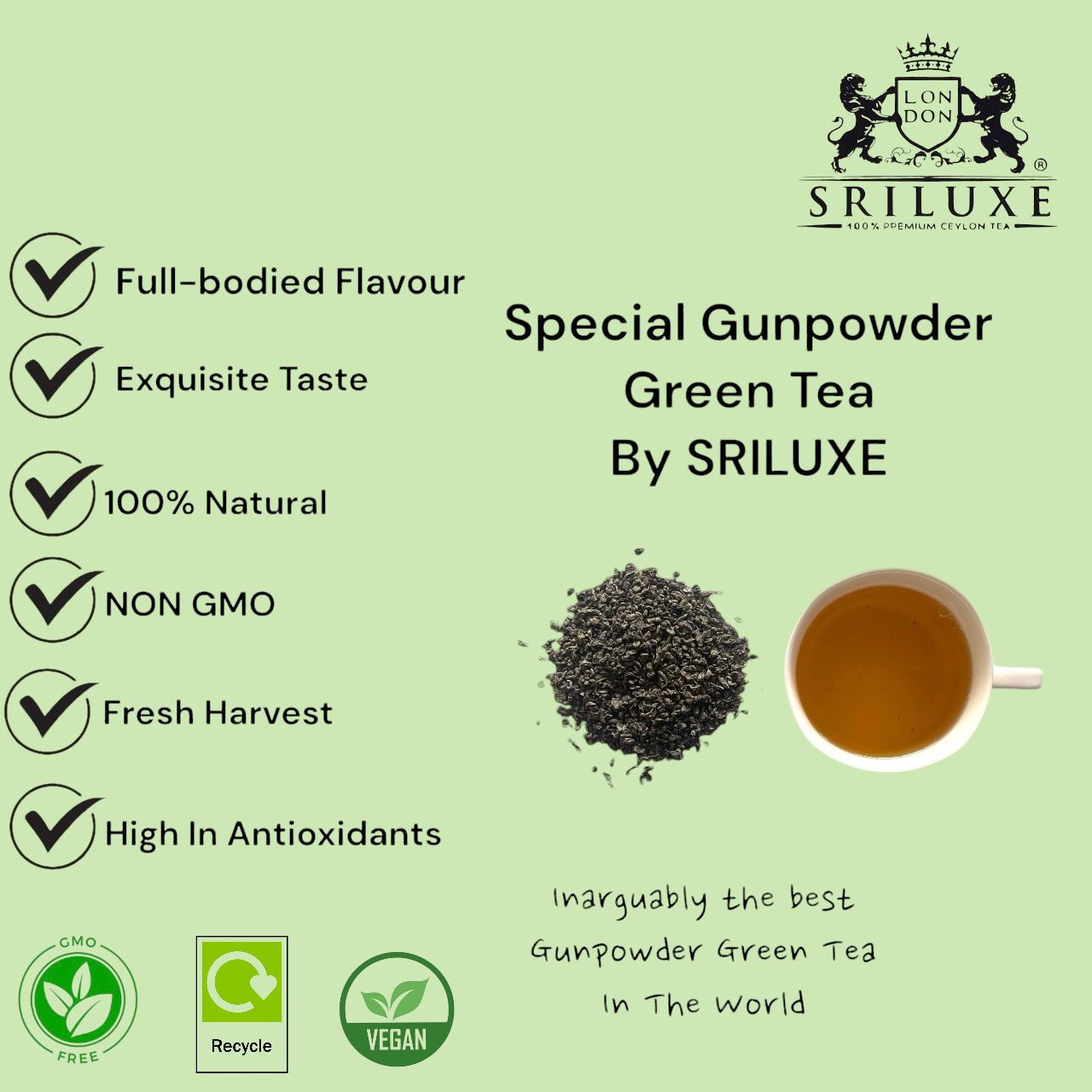 SRILUXE - Pack of 2 Loose Leaf Special Gunpowder Green Tea | Full-bodied Flavour | 100% Pure & Natural | Fresh Harvest NON GMO | Vegan Friendly (2 x 250g)