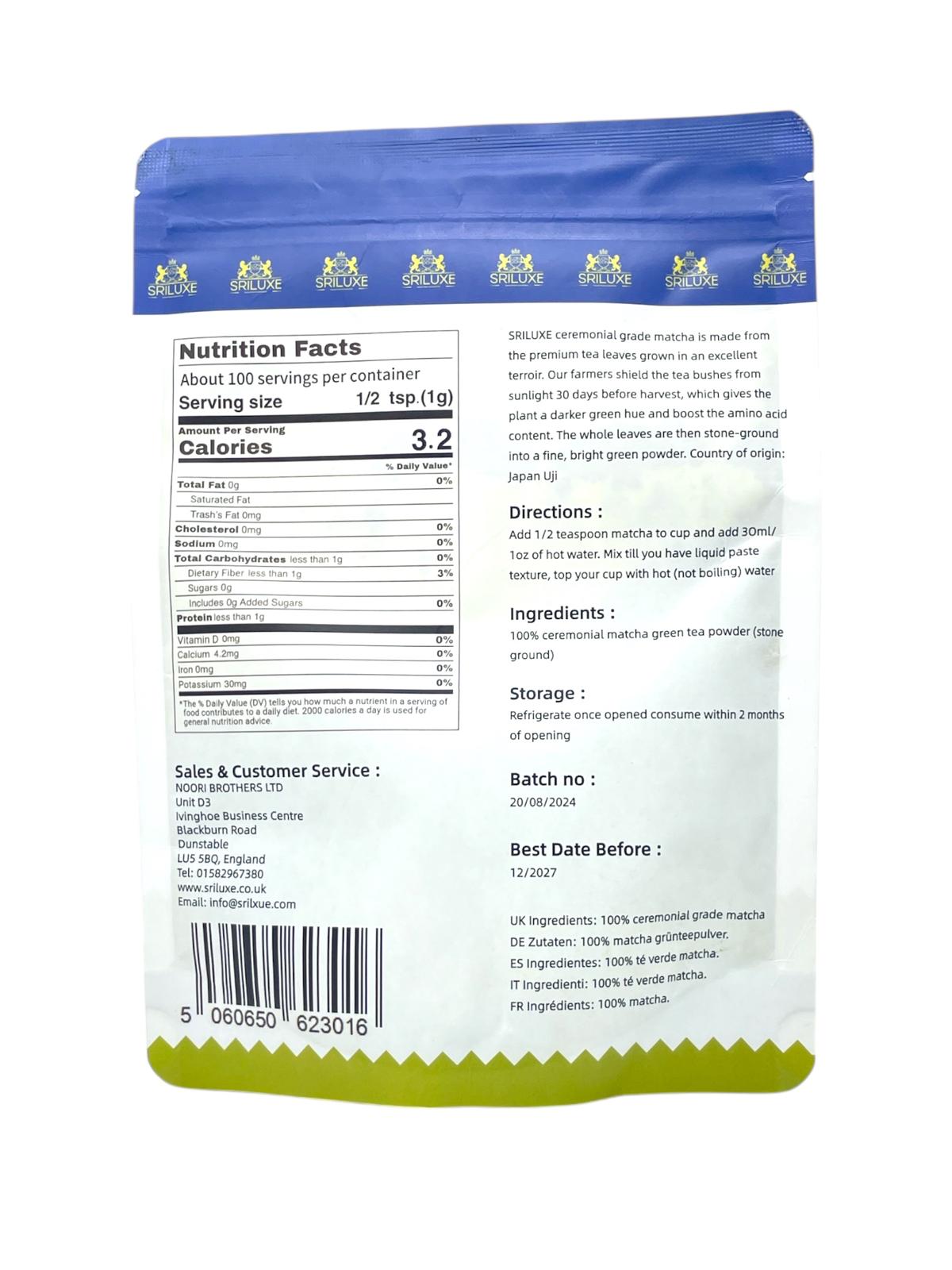 SRILUXE - Ceremonial Matcha Green Tea Powder - Premium Grade-100g. Produced in Japan, Uji, Kyoto. Use for Drinking, Cooking, Baking, Smoothie Making and with Milk. Vegan & Vegetarian Friendly (AAAA Grade)