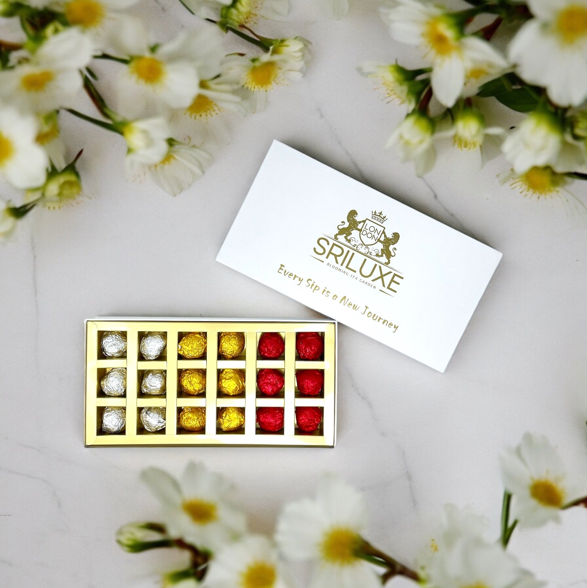 RILUXE - Luxury Blooming Flower Tea - 18 pcs of Assorted Premium Blooming Tea | Wonderfully Wrapped in White, Gold and Red | perfect for gifting or self-indulgence